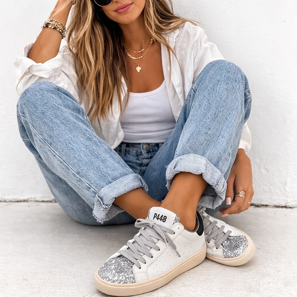 P448 White Jack Leather Sneakers Silver Glitter Toe Size 39 (8.5–9)